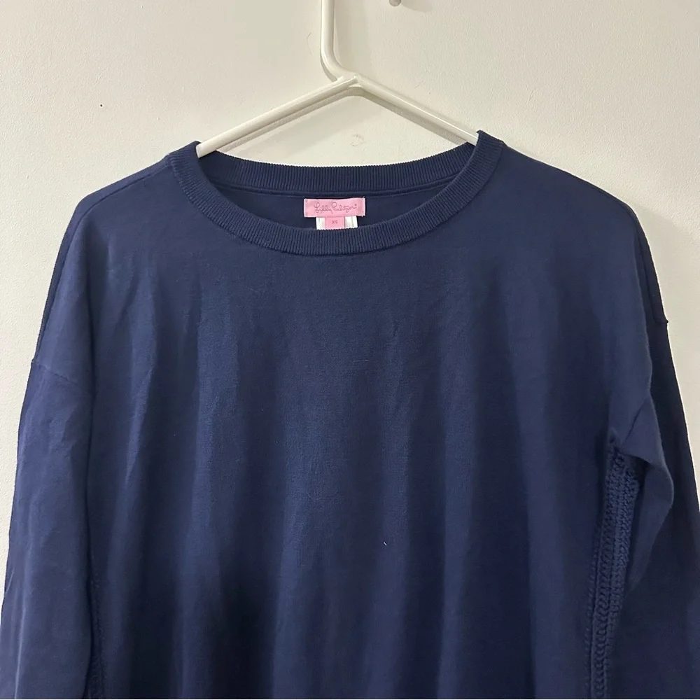 Lilly Pulitzer Damara Tassel Lightweight Crewneck Sweater Navy Blue‎ Womens XS